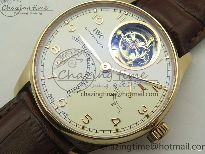 MIROTIME 0209 Portuguese Tourbillon IW504602 RG ZF Best Edition White Dial on Brown Leather Strap Stretchable 7178